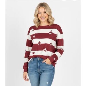 Stars & Stripes Crew Neck Casual Top, Women’s M, Burgundy White